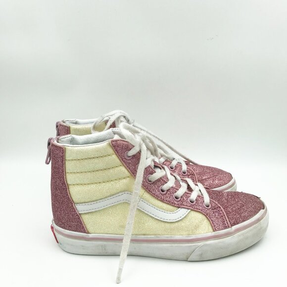 VANS Glitter Pink Yellow High Top Lace Up Zipper Sneakers Tennis Shoes Youth 3 - Picture 4 of 10